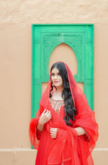 Scarlet Red Silk Chanderi Hand-Embroidered Suit Set with Matching Organza Dupatta