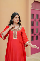 Scarlet Red Silk Chanderi Hand-Embroidered Suit Set with Matching Organza Dupatta