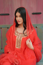Scarlet Red Silk Chanderi Hand-Embroidered Suit Set with Matching Organza Dupatta