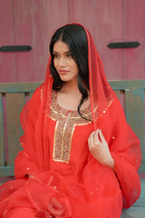 Scarlet Red Silk Chanderi Hand-Embroidered Suit Set with Matching Organza Dupatta