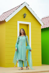 Aqua Mist Silk Chanderi Hand-Embroidered Suit Set with Organza Dupatta