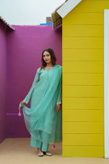 Aqua Mist Silk Chanderi Hand-Embroidered Suit Set with Organza Dupatta