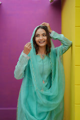 Aqua Mist Silk Chanderi Hand-Embroidered Suit Set with Organza Dupatta