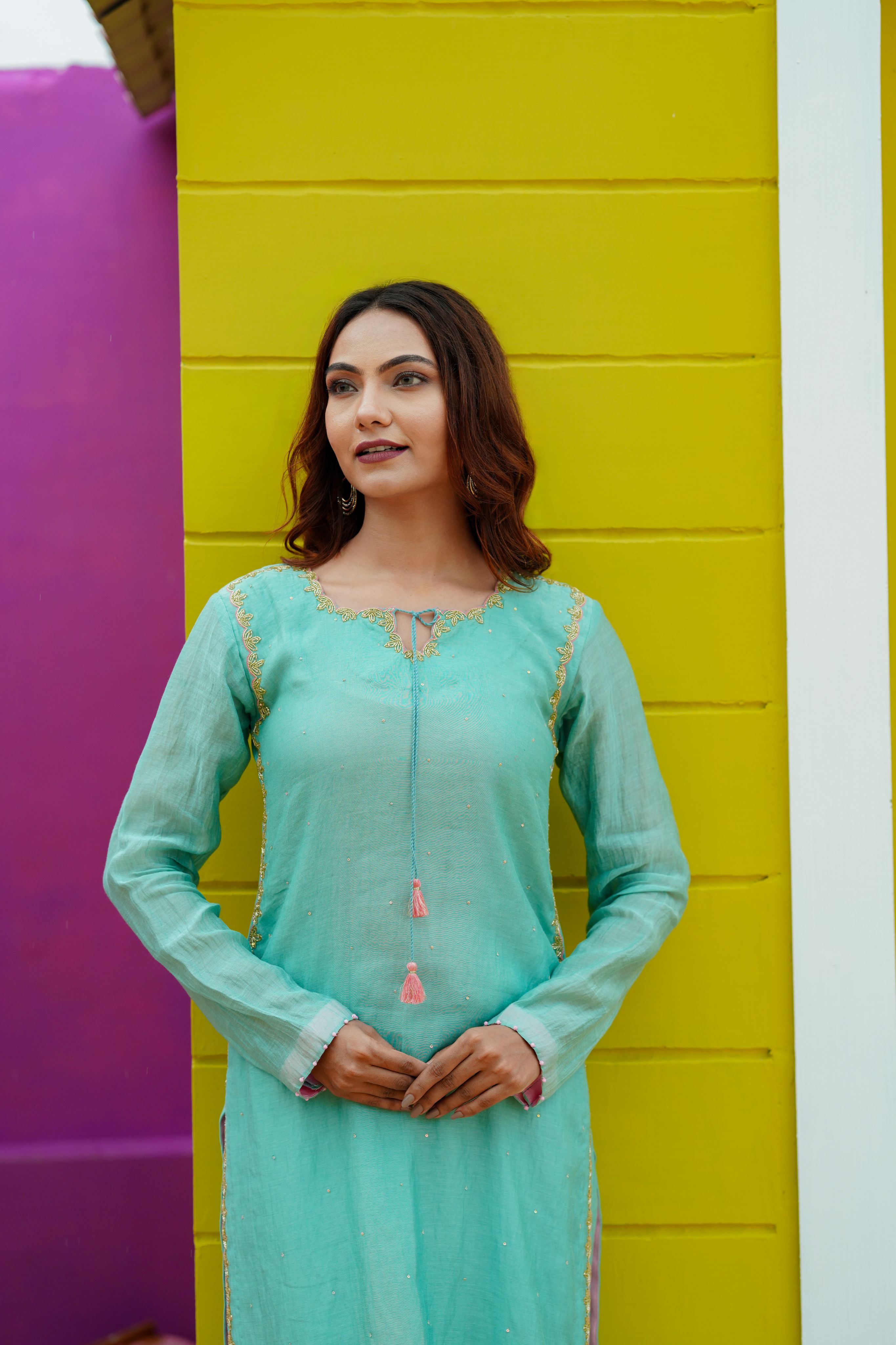 Aqua Mist Silk Chanderi Hand-Embroidered Suit Set with Organza Dupatta