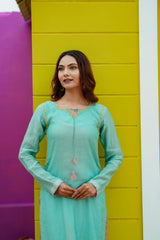 Aqua Mist Silk Chanderi Hand-Embroidered Suit Set with Organza Dupatta