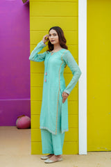 Aqua Mist Silk Chanderi Hand-Embroidered Suit Set with Organza Dupatta