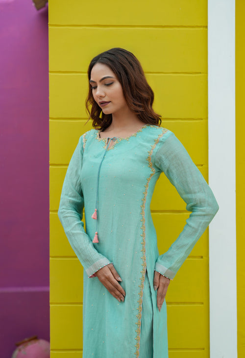 Aqua Mist Silk Chanderi Hand-Embroidered Suit Set with Organza Dupatta