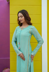 Aqua Mist Silk Chanderi Hand-Embroidered Suit Set with Organza Dupatta
