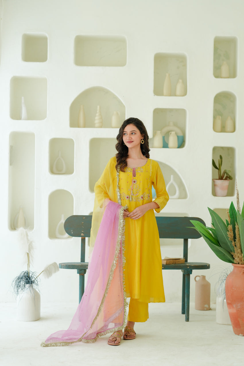 Sunlit Marigold Silk Chanderi Hand-Embroidered Suit Set with Ombre Organza Dupatta
