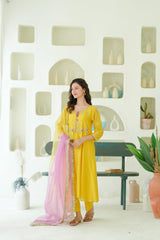 Sunlit Marigold Silk Chanderi Hand-Embroidered Suit Set with Ombre Organza Dupatta