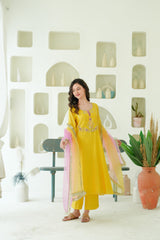 Sunlit Marigold Silk Chanderi Hand-Embroidered Suit Set with Ombre Organza Dupatta