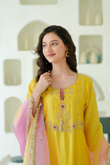 Sunlit Marigold Silk Chanderi Hand-Embroidered Suit Set with Ombre Organza Dupatta
