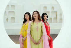 Sunlit Marigold Silk Chanderi Hand-Embroidered Suit Set with Ombre Organza Dupatta