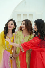 Sunlit Marigold Silk Chanderi Hand-Embroidered Suit Set with Ombre Organza Dupatta