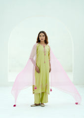 Blush Lime Silk Chanderi Hand-Embroidered Suit Set with Soft Pink Organza Dupatta