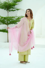 Blush Lime Silk Chanderi Hand-Embroidered Suit Set with Soft Pink Organza Dupatta