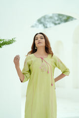 Blush Lime Silk Chanderi Hand-Embroidered Suit Set with Soft Pink Organza Dupatta