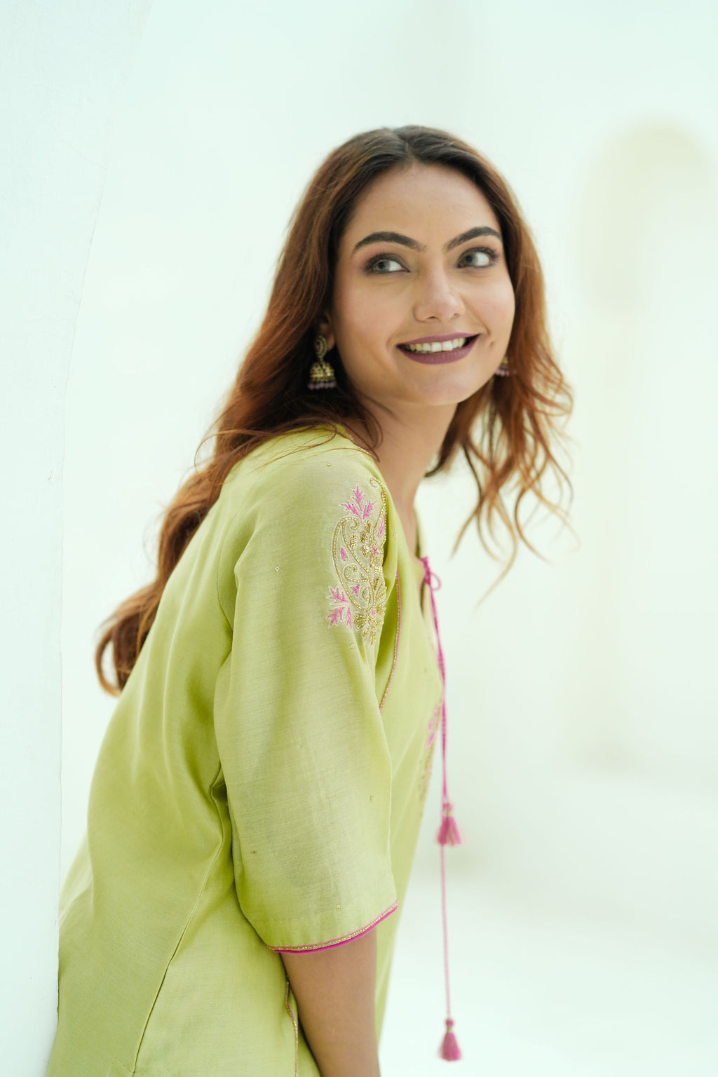 Blush Lime Silk Chanderi Hand-Embroidered Suit Set with Soft Pink Organza Dupatta