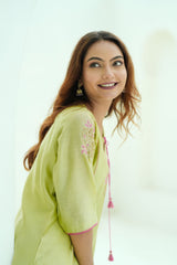 Blush Lime Silk Chanderi Hand-Embroidered Suit Set with Soft Pink Organza Dupatta