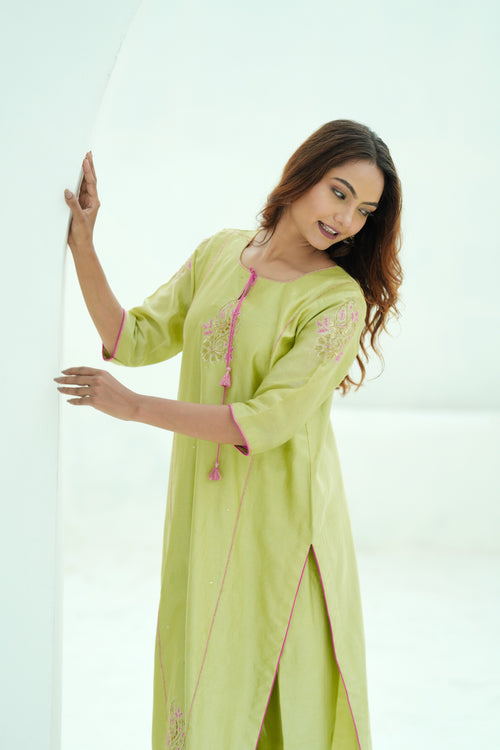 Blush Lime Silk Chanderi Hand-Embroidered Suit Set with Soft Pink Organza Dupatta