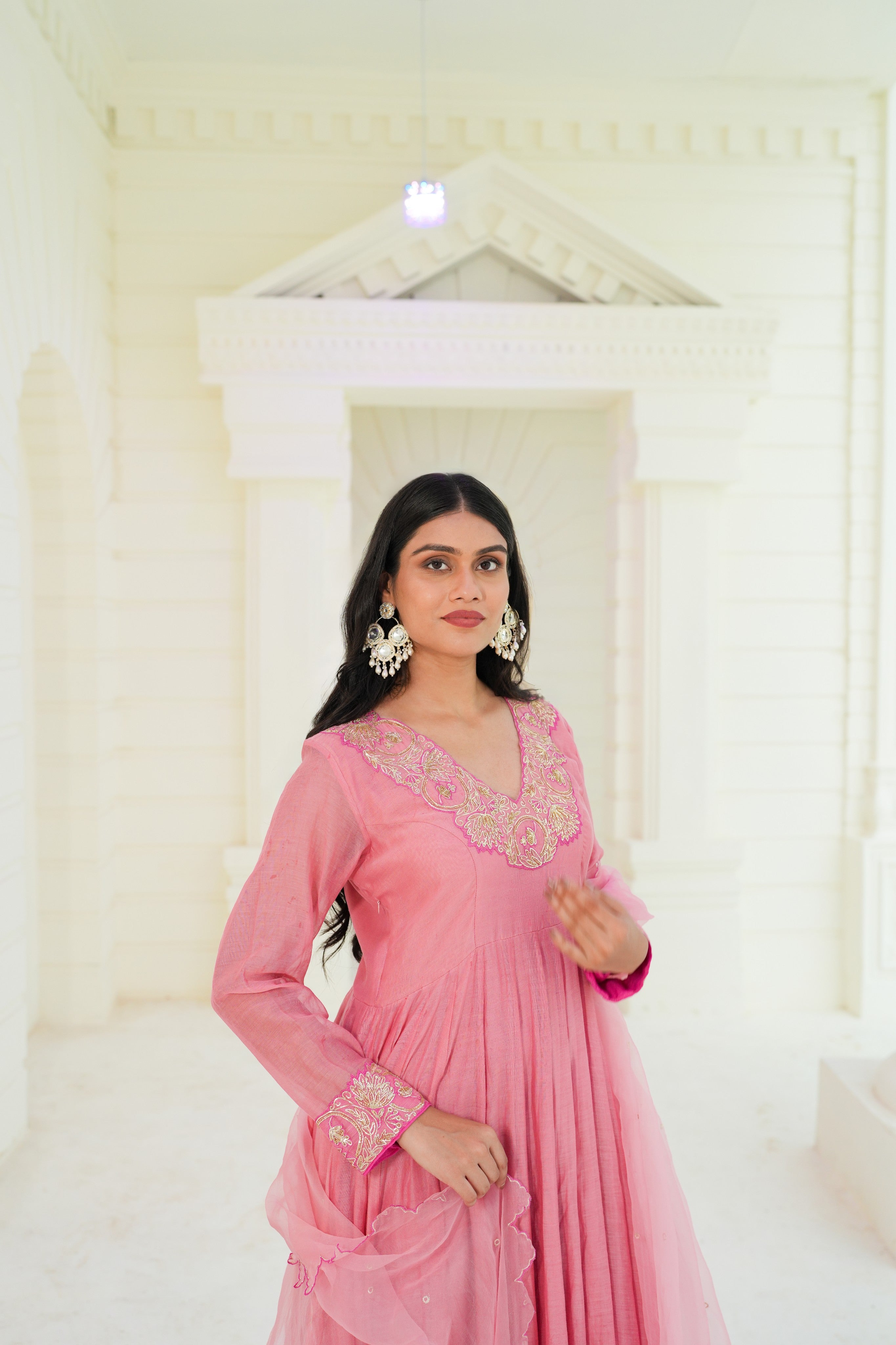 Rose Blush Silk Chanderi Hand-Embroidered Anarkali Set with Soft Organza Dupatta