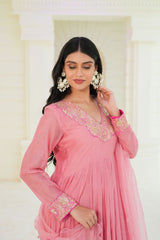 Rose Blush Silk Chanderi Hand-Embroidered Anarkali Set with Soft Organza Dupatta