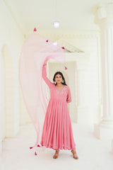 Rose Blush Silk Chanderi Hand-Embroidered Anarkali Set with Soft Organza Dupatta