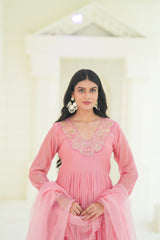 Rose Blush Silk Chanderi Hand-Embroidered Anarkali Set with Soft Organza Dupatta