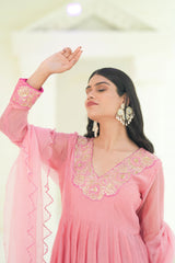 Rose Blush Silk Chanderi Hand-Embroidered Anarkali Set with Soft Organza Dupatta