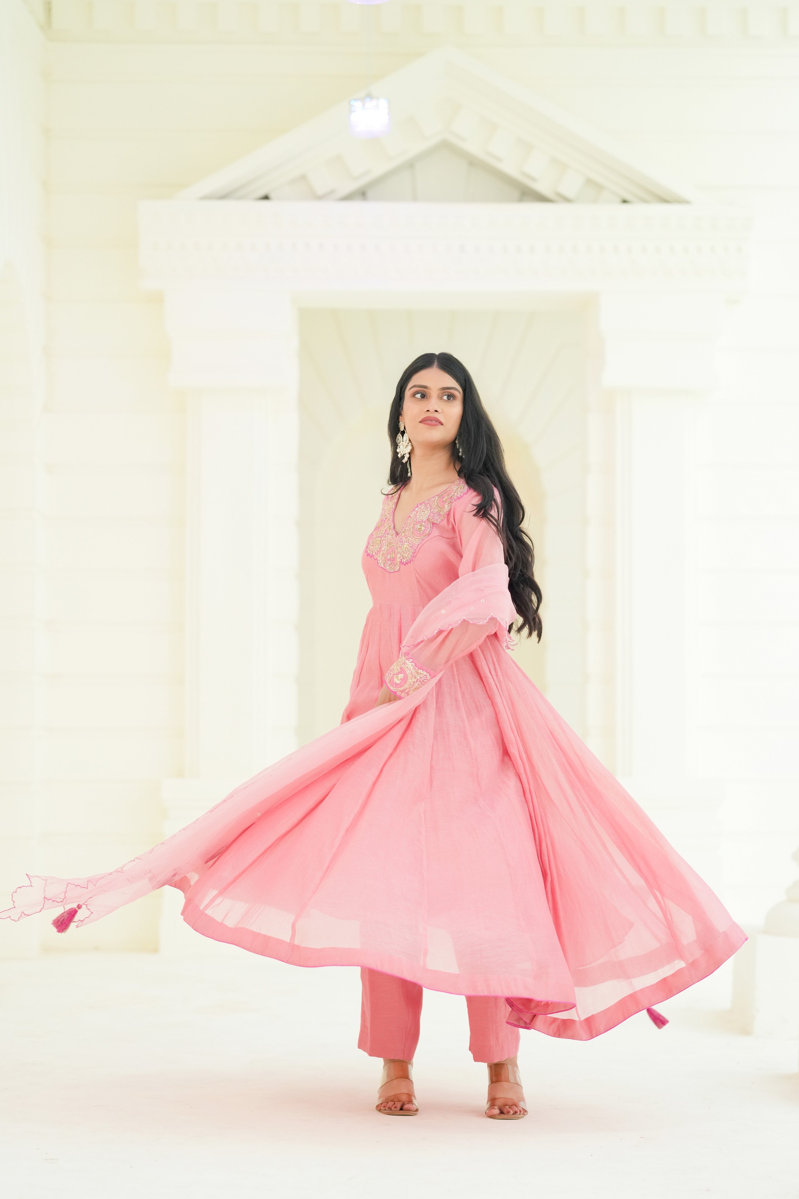 Rose Blush Silk Chanderi Hand-Embroidered Anarkali Set with Soft Organza Dupatta