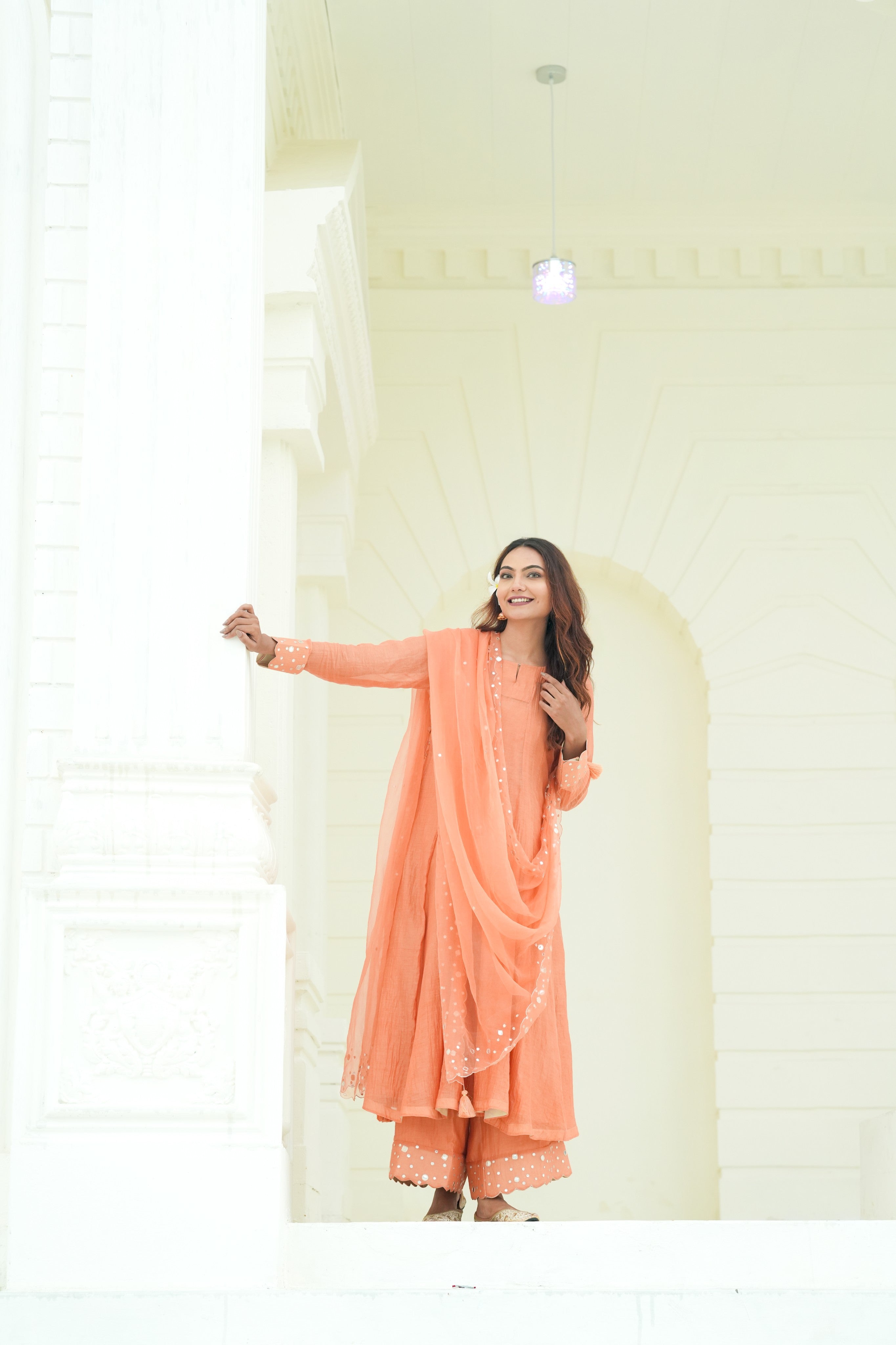Mul Chanderi Suit with Organza Dupatta & Mirror Hand Embroidery