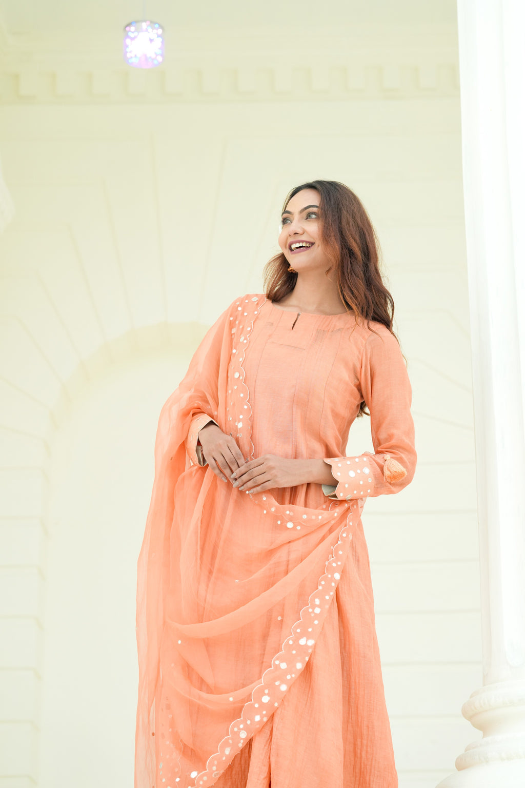 Mul chanderi suit with orgnza dupta pthion work