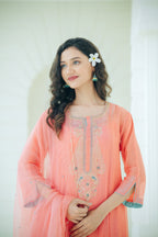 Mul chanderi suit with orgnza dupta pthion work