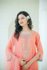 Mul chanderi suit with orgnza dupta pthion work