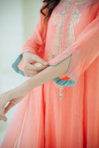 Mul chanderi suit with orgnza dupta pthion work