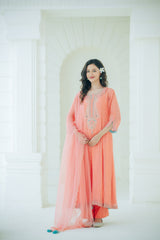 Mul chanderi suit with orgnza dupta pthion work