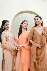 Peach Glow Silk Chanderi Hand-Embroidered Suit Set with Sheer Organza Dupatta