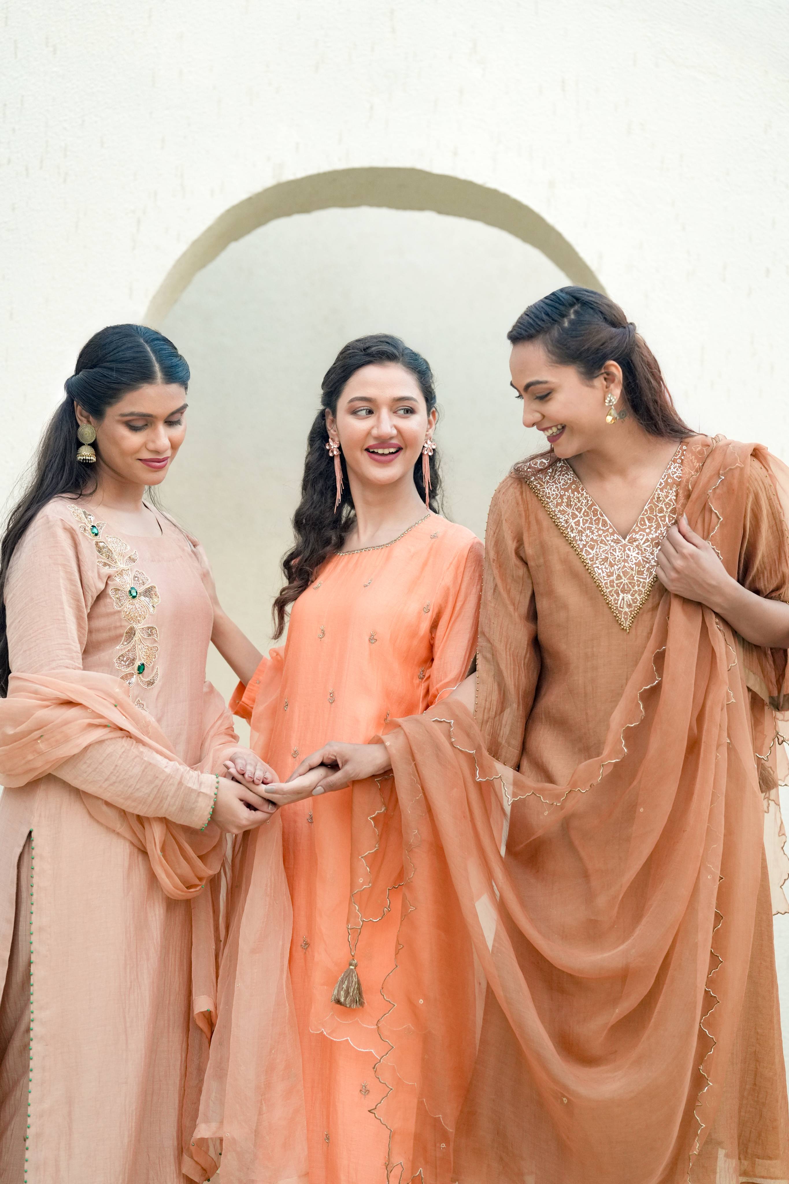 Peach Glow Silk Chanderi Hand-Embroidered Suit Set with Sheer Organza Dupatta