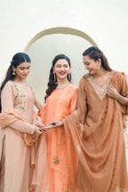 Peach Glow Silk Chanderi Hand-Embroidered Suit Set with Sheer Organza Dupatta