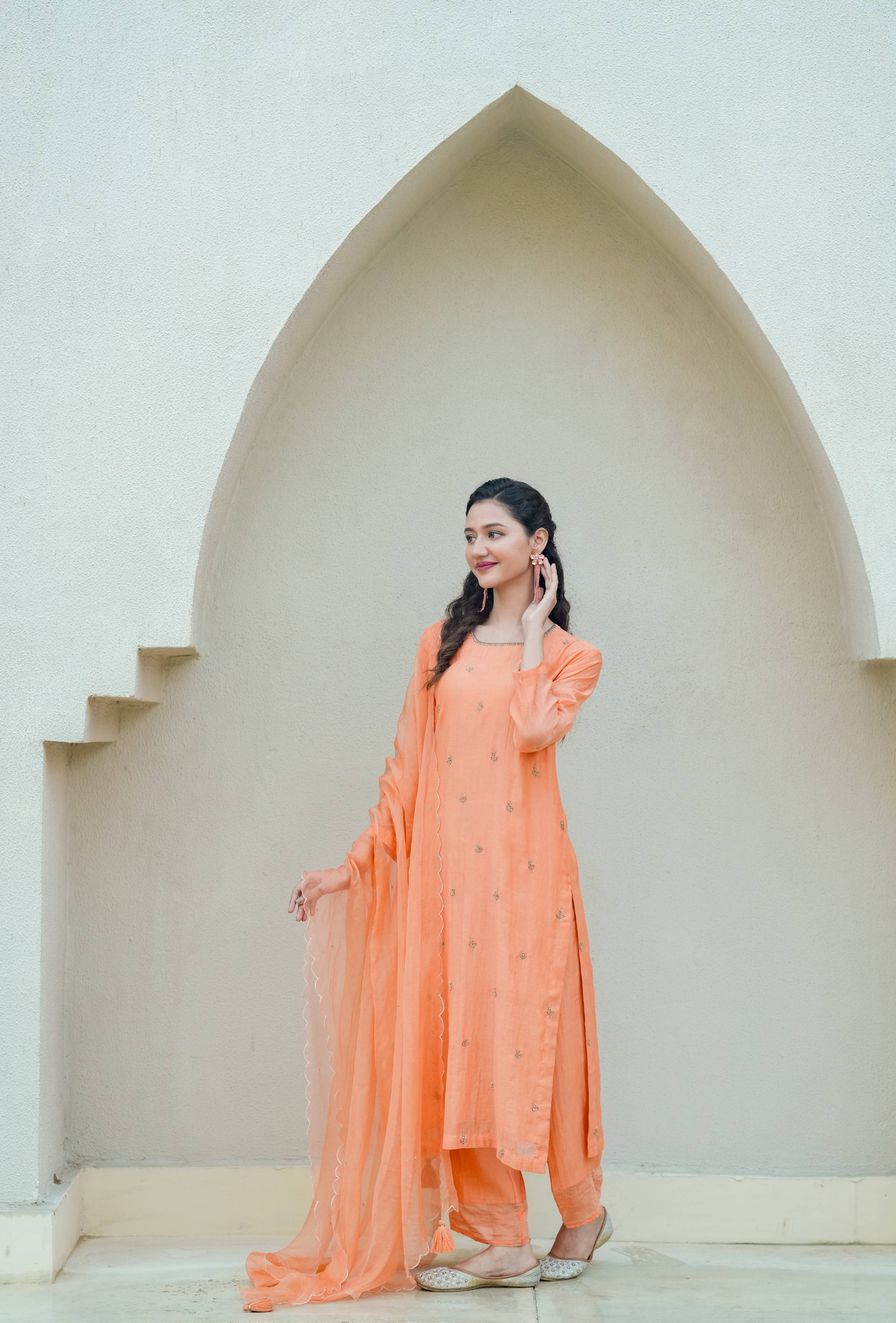 Peach Glow Silk Chanderi Hand-Embroidered Suit Set with Sheer Organza Dupatta