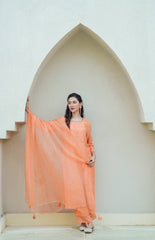 Peach Glow Silk Chanderi Hand-Embroidered Suit Set with Sheer Organza Dupatta