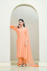 Peach Glow Silk Chanderi Hand-Embroidered Suit Set with Sheer Organza Dupatta