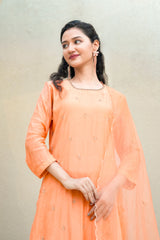 Peach Glow Silk Chanderi Hand-Embroidered Suit Set with Sheer Organza Dupatta