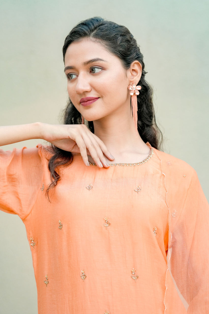 Peach Glow Silk Chanderi Hand-Embroidered Suit Set with Sheer Organza Dupatta