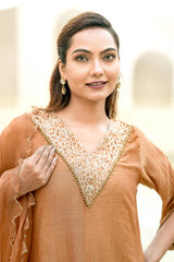 Caramel Gold Silk Chanderi Hand-Embroidered Suit Set with Sheer Organza Dupatta