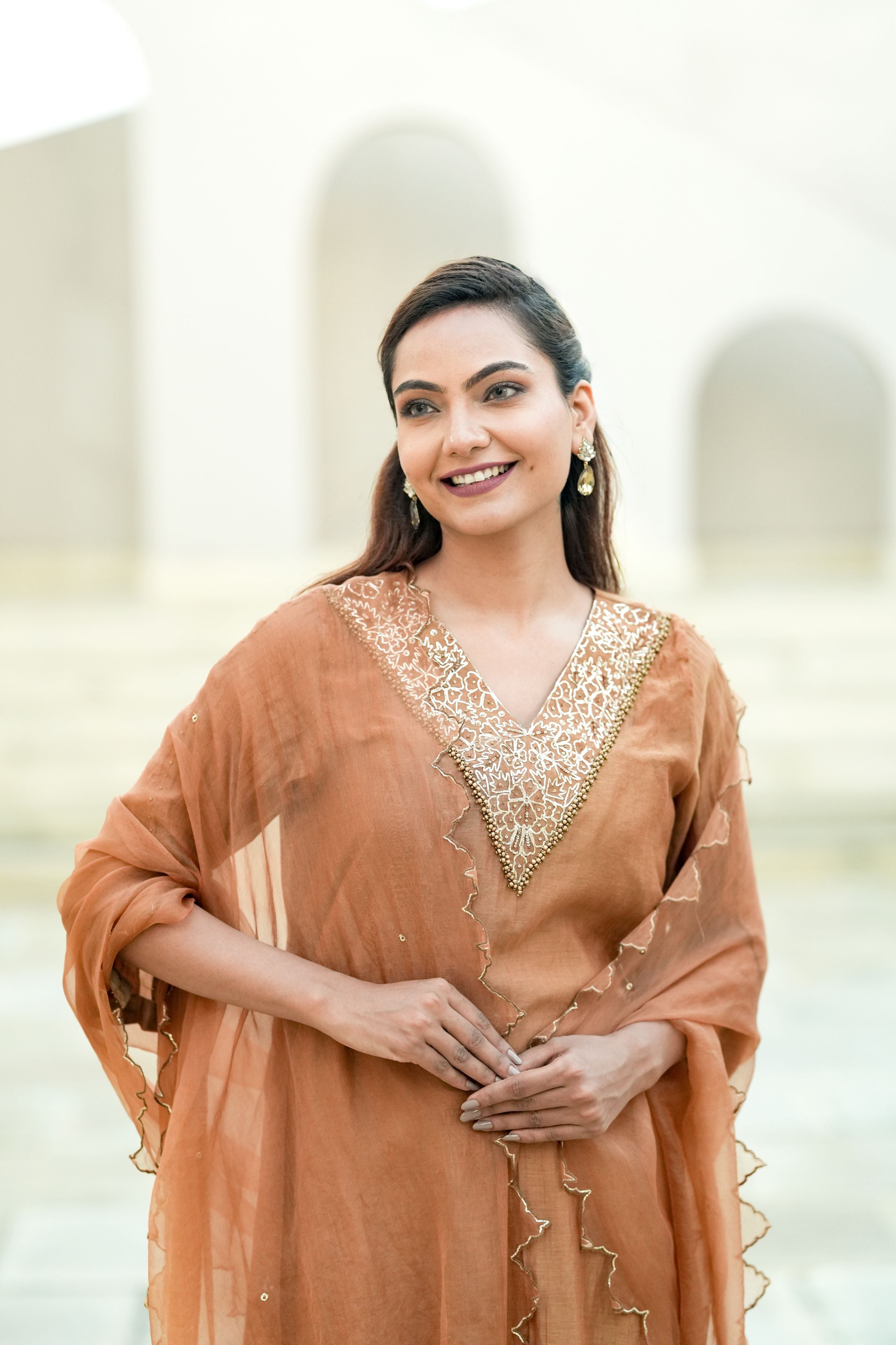 Caramel Gold Silk Chanderi Hand-Embroidered Suit Set with Sheer Organza Dupatta
