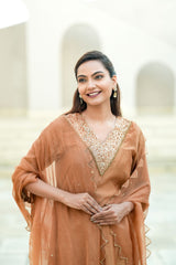Caramel Gold Silk Chanderi Hand-Embroidered Suit Set with Sheer Organza Dupatta
