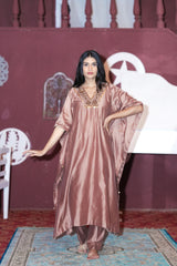 Rose Gold Silk Kaftan with Heavy Handwork Mirror & Thread Embroidery