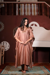 Rose Gold Silk Kaftan with Heavy Handwork Mirror & Thread Embroidery