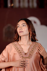 Rose Gold Silk Kaftan with Heavy Handwork Mirror & Thread Embroidery